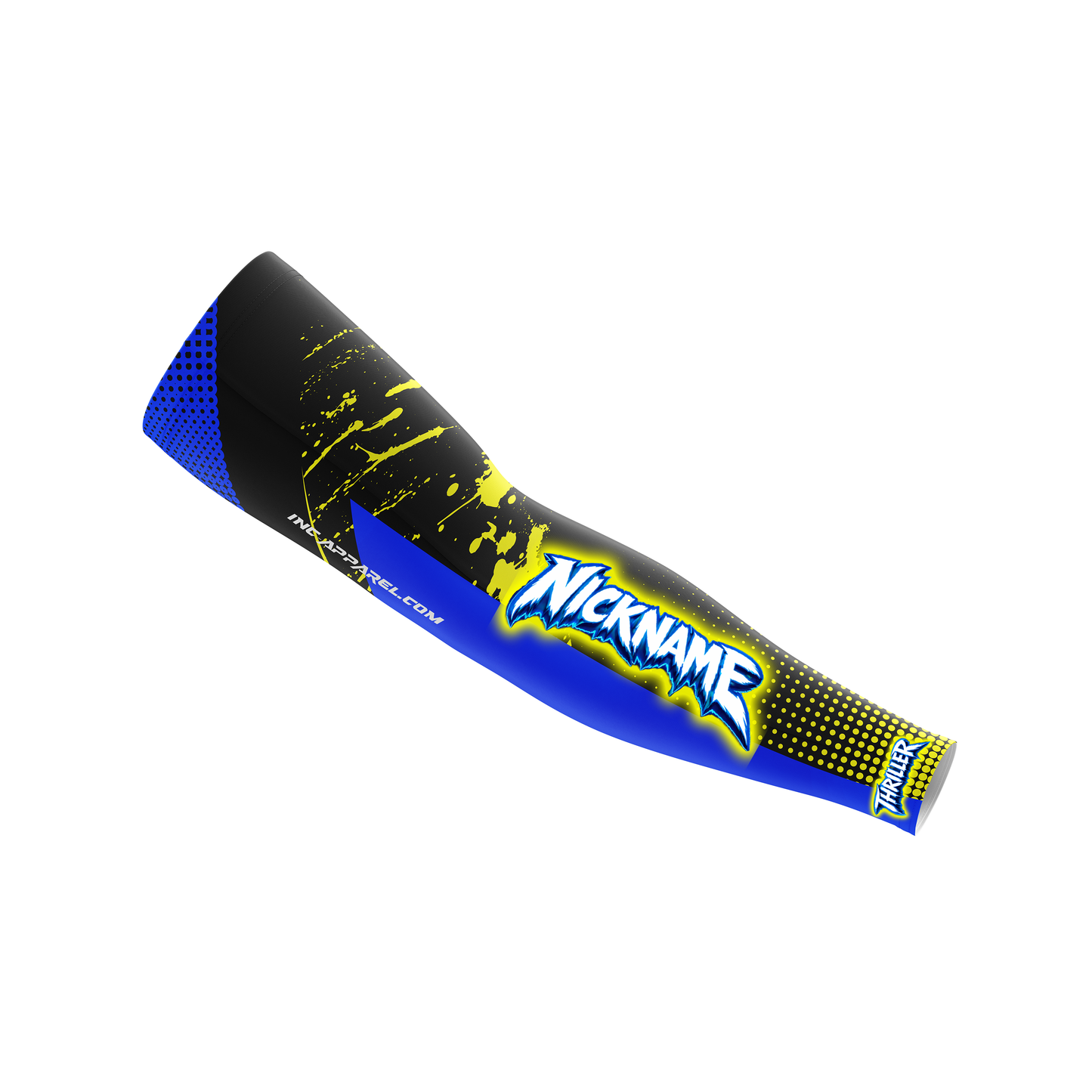 Thriller Blue Yellow Black Compression Sleeve from INC-APPAREL – performance arm sleeve for darts and pool.
