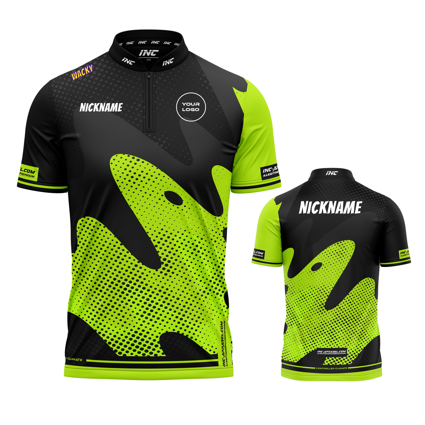 Combined front and back view of the Wacky Black Lime XPRO Collar Custom Pool Shirt from INC-APPAREL