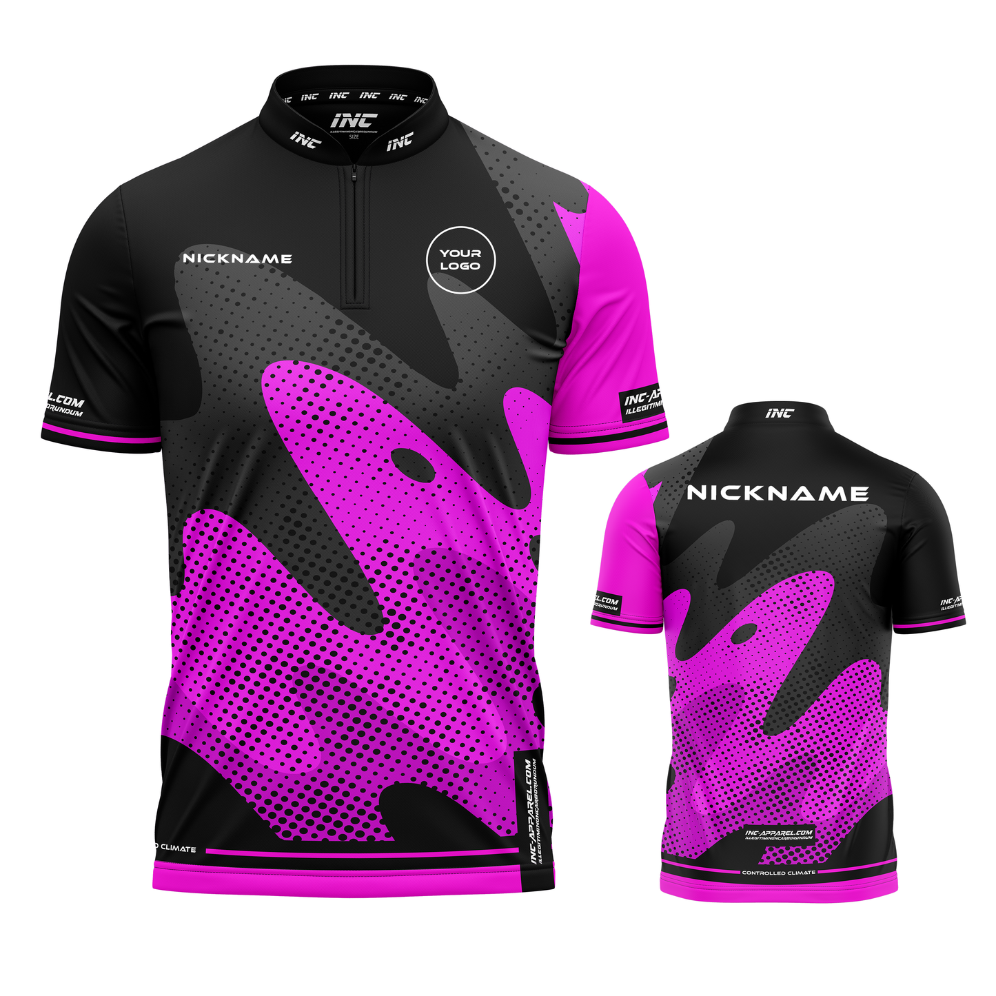 Combined front and back view of the Wacky Black Pink XPRO Collar Custom Pool Shirt from INC-APPAREL