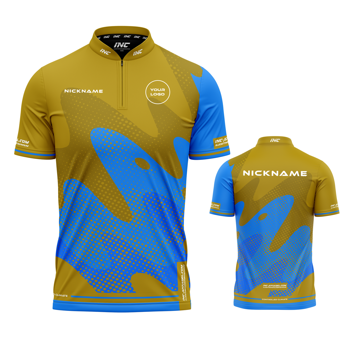 Combined front and back view of the Wacky Gold Blue XPRO Collar Custom Pool Shirt from INC-APPAREL