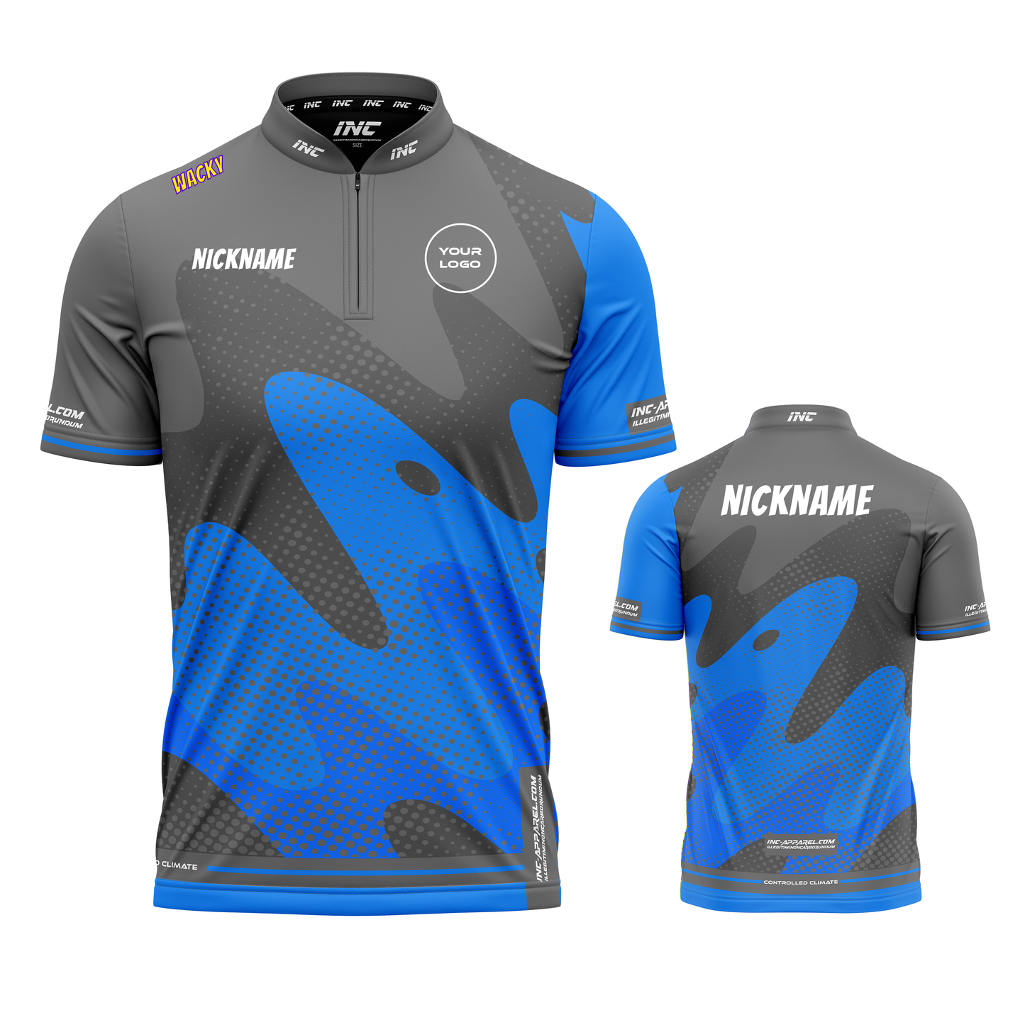 Combined front and back view of the Wacky Grey Blue XPRO Collar Custom Pool Shirt from INC-APPAREL