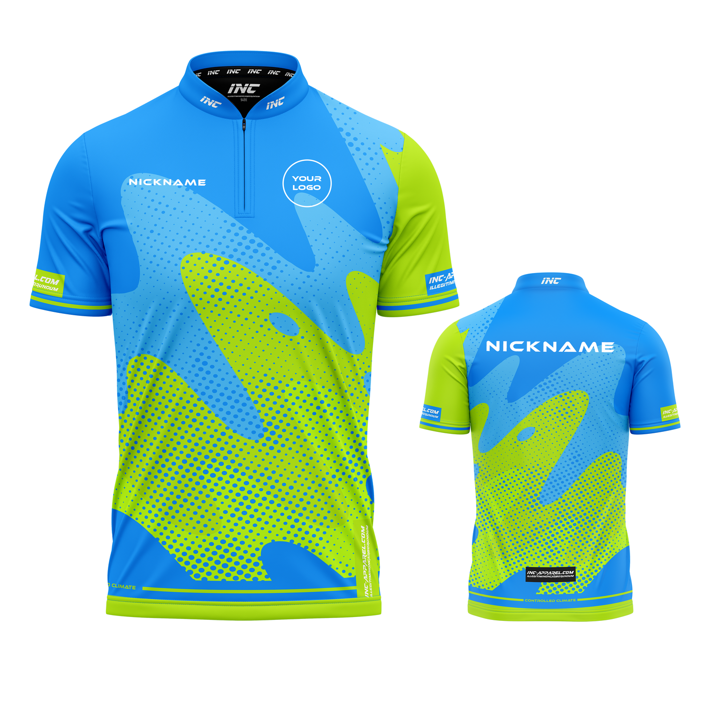 Combined front and back view of the Wacky Blue Lime XPRO Collar Custom Pool Shirt from INC-APPAREL