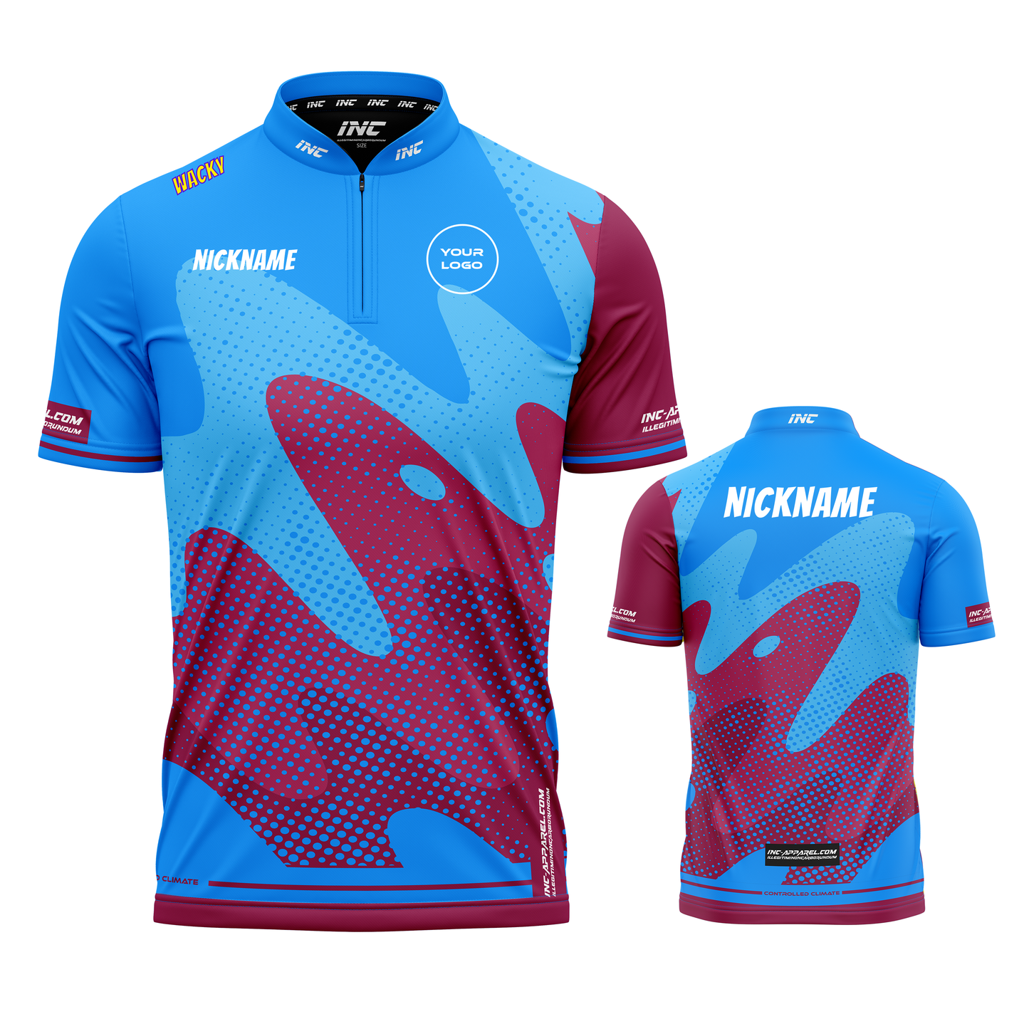 Combined front and back view of the Wacky Maroon Blue XPRO Collar Custom Pool Shirt from INC-APPAREL