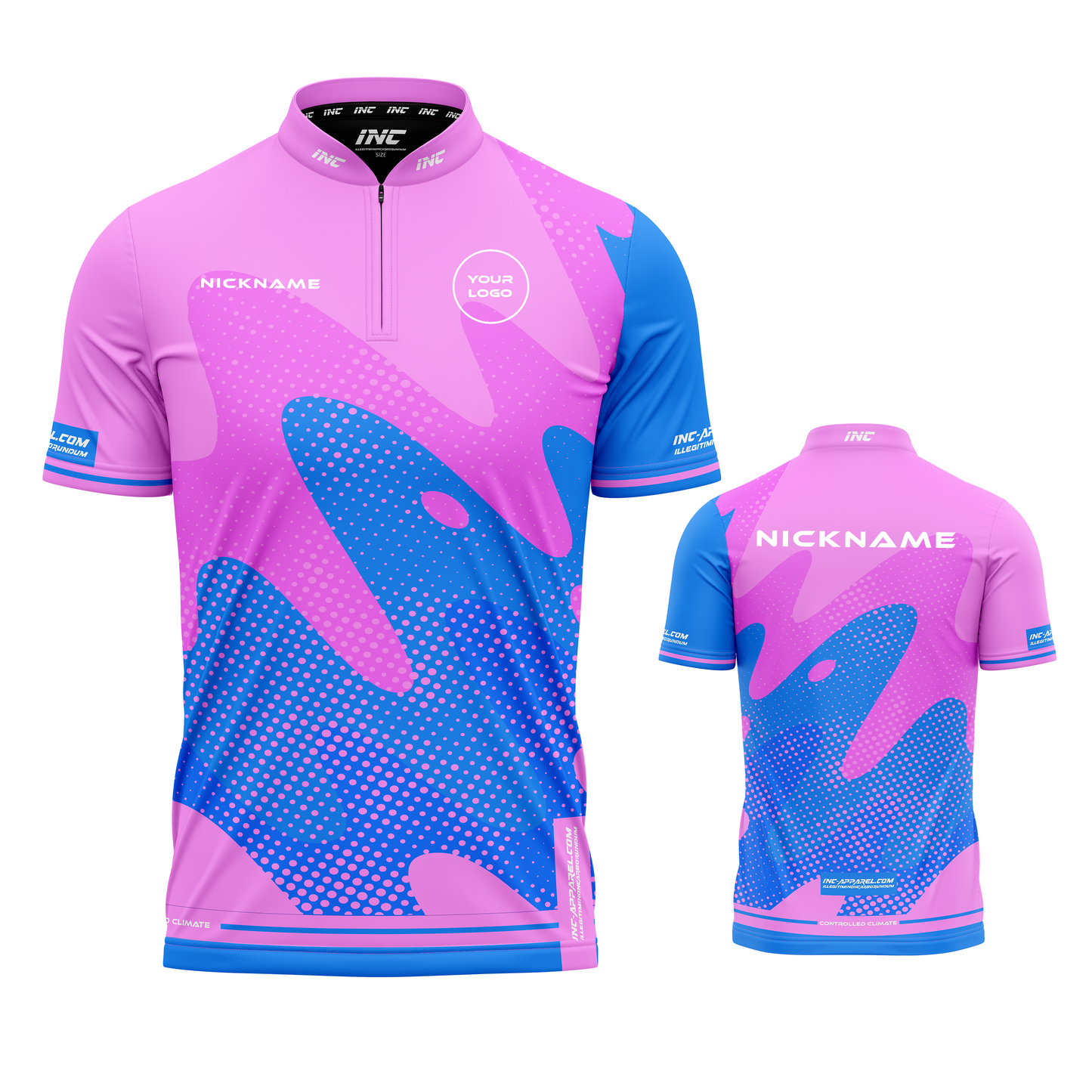 Combined front and back view of the Wacky Pink Blue XPRO Collar Custom Pool Shirt from INC-APPAREL