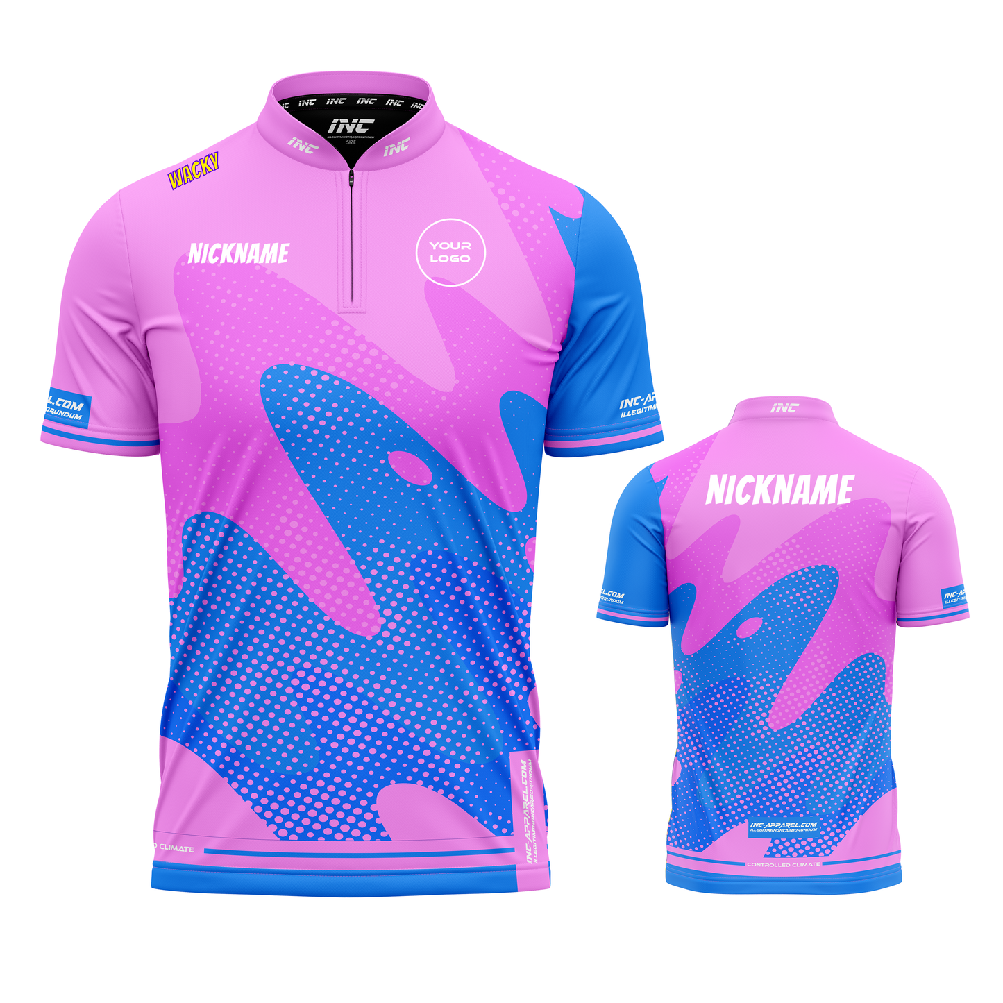 Combined front and back view of the Wacky Pink Blue XPRO Collar Custom Pool Shirt from INC-APPAREL