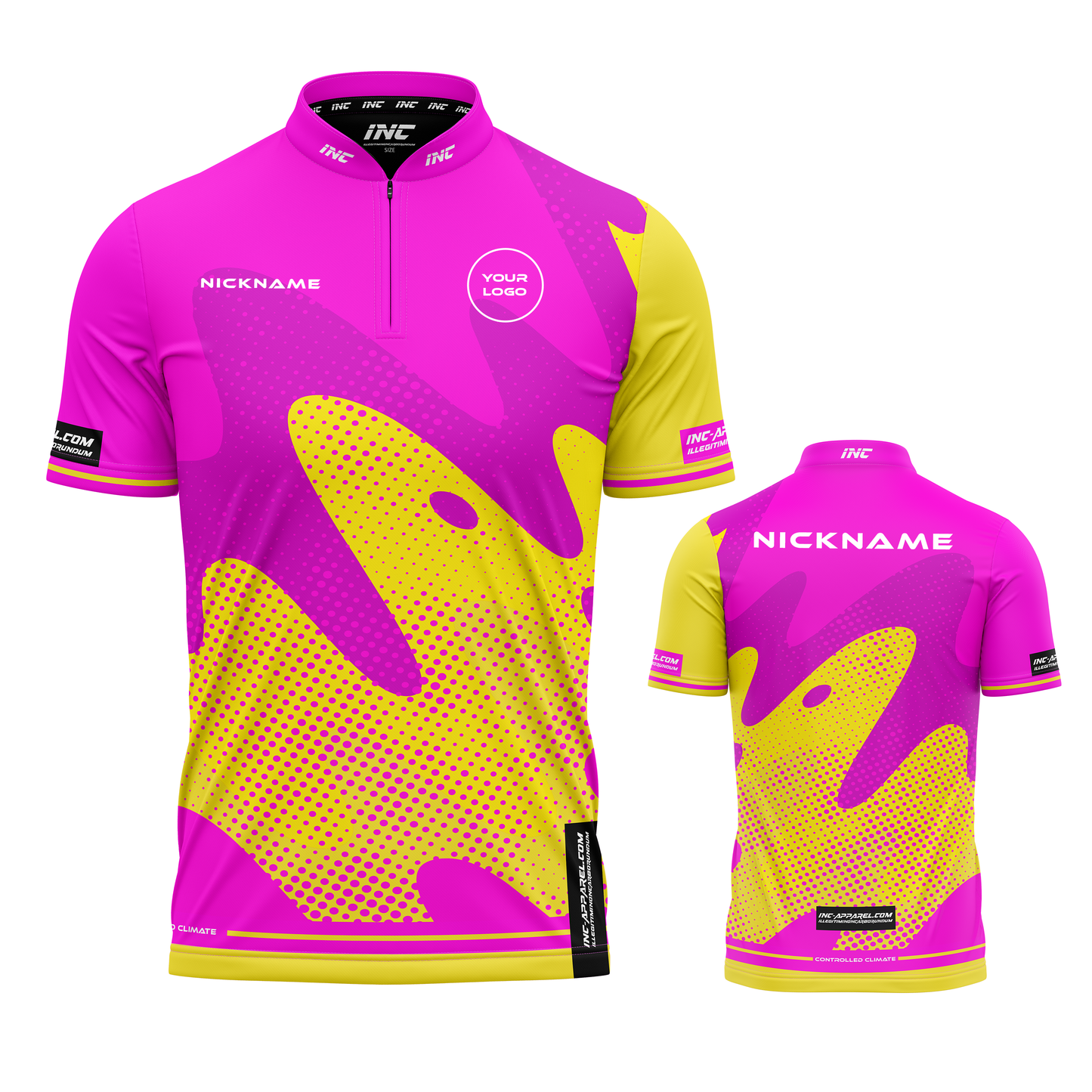 Combined front and back view of the Wacky Pink Yellow XPRO Collar Custom Pool Shirt from INC-APPAREL