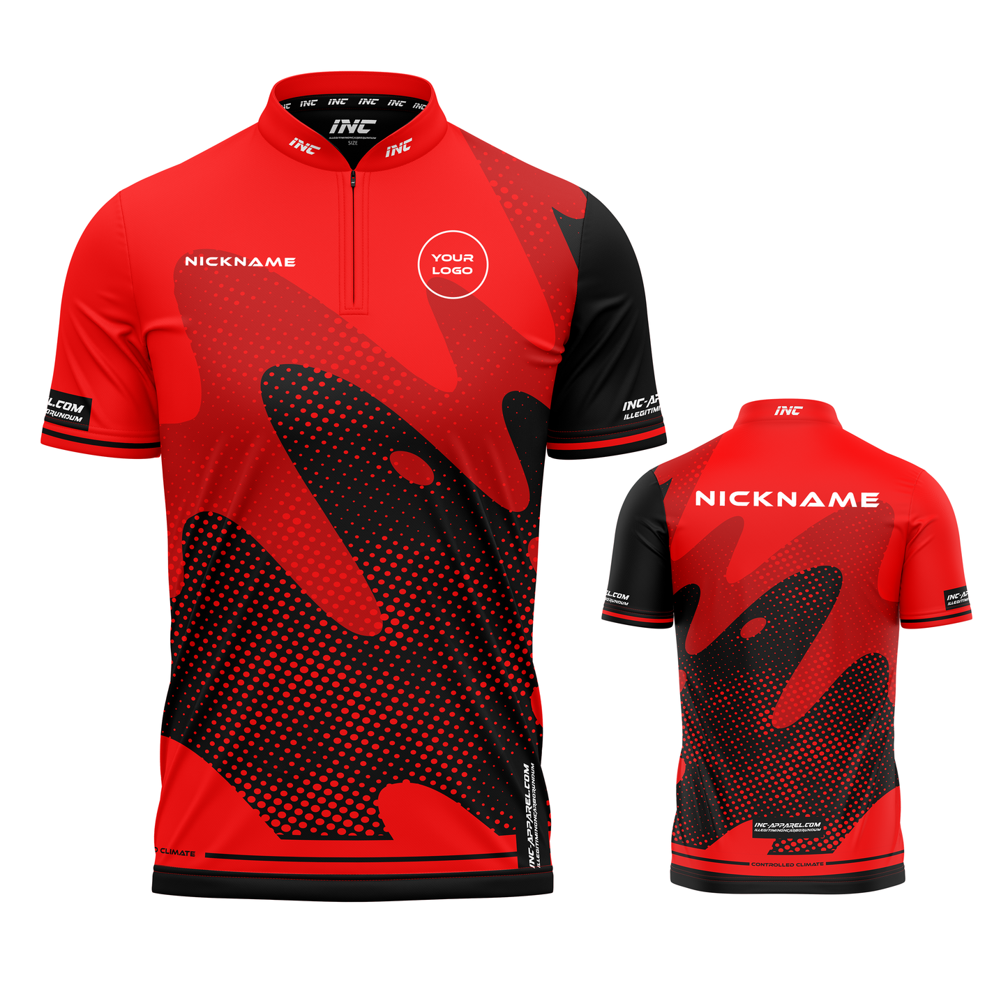 Combined front and back view of the Wacky Red Black XPRO Collar Custom Pool Shirt from INC-APPAREL