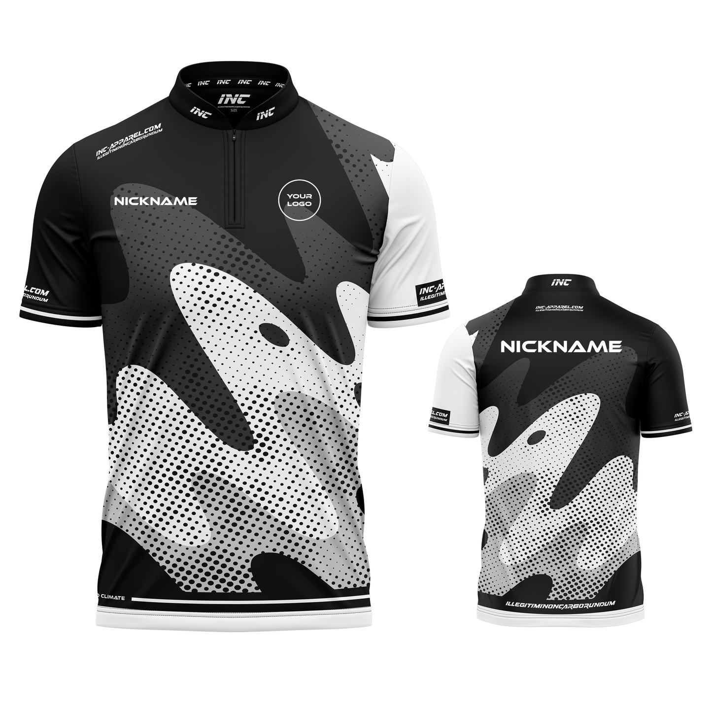 Combined front and back view of the Wacky White Black XPRO Collar Custom Pool Shirt from INC-APPAREL