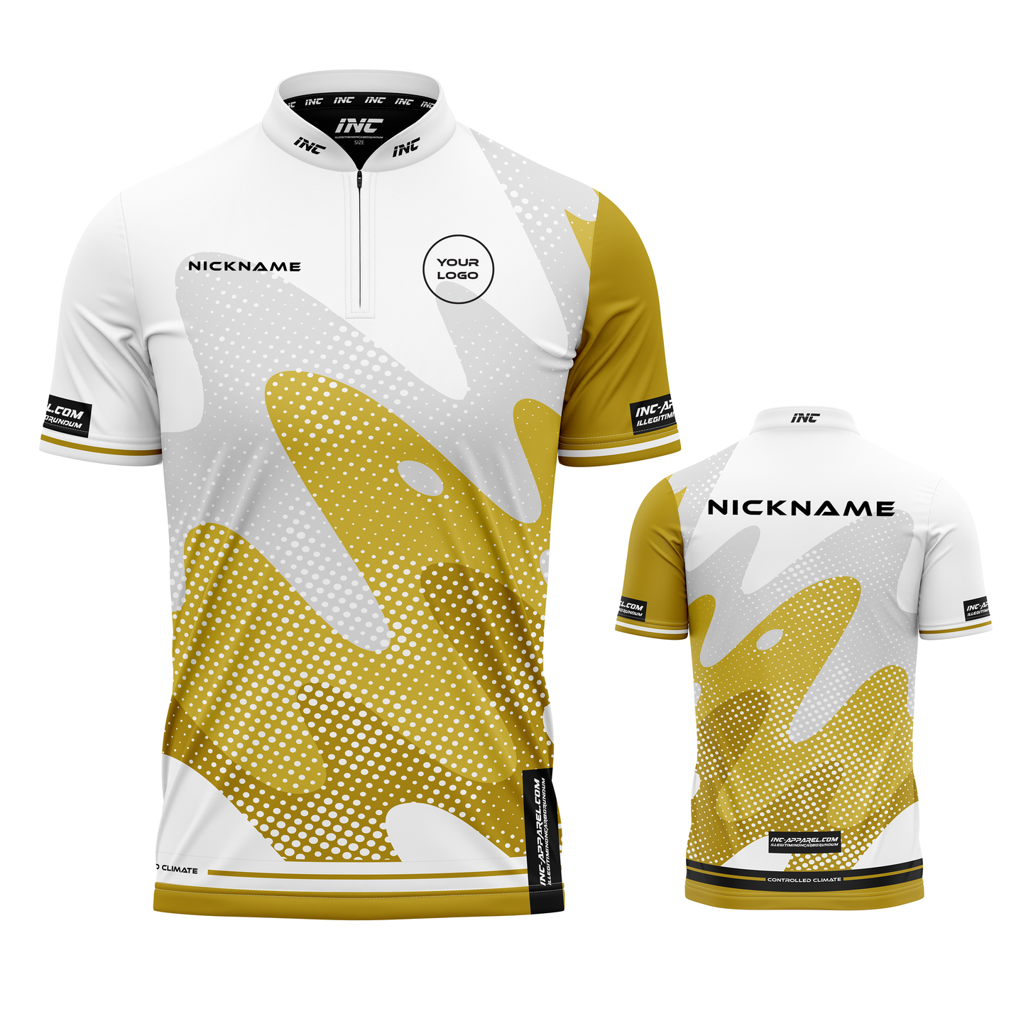 Combined front and back view of the Wacky White Gold XPRO Collar Custom Pool Shirt from INC-APPAREL