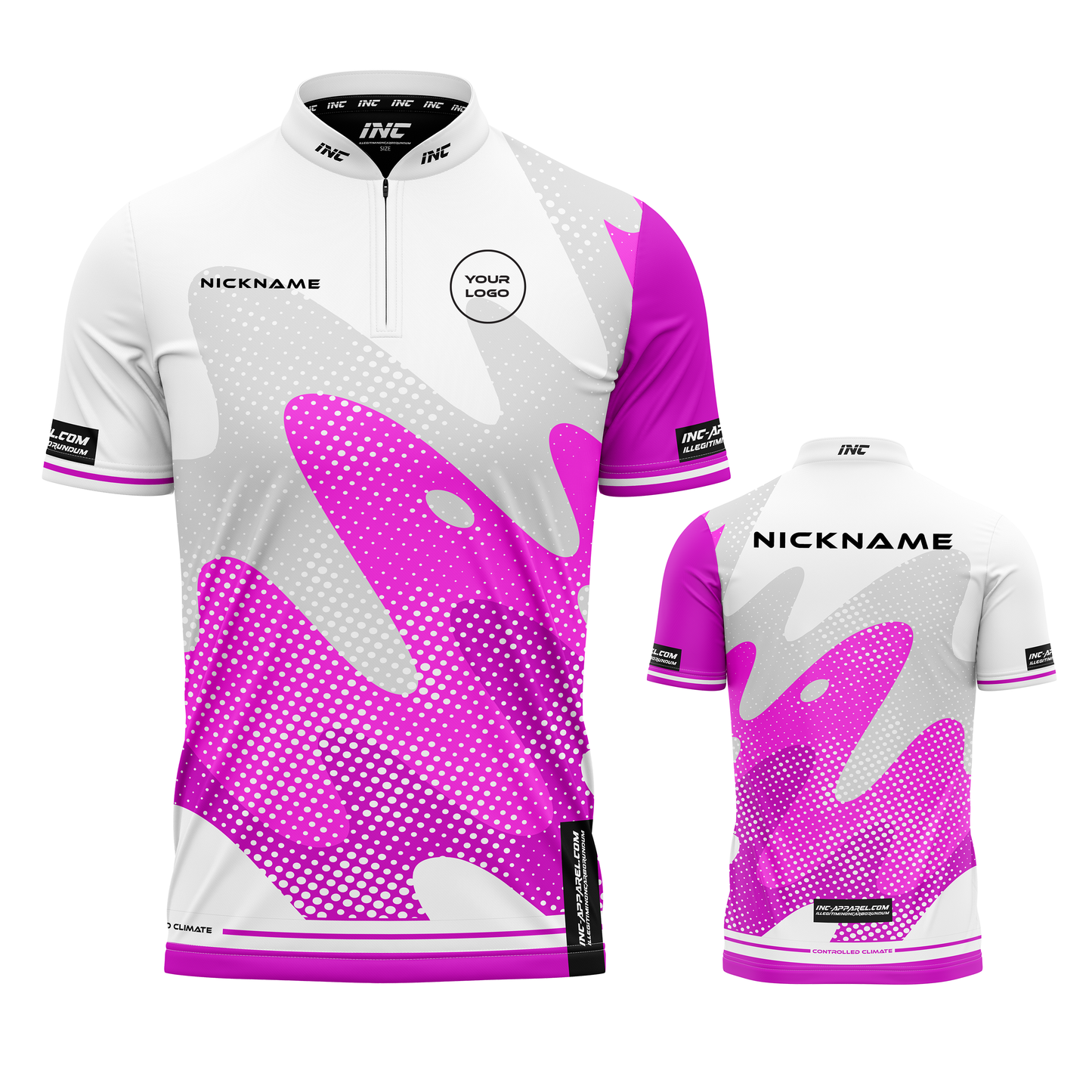 Combined front and back view of the Wacky White Pink XPRO Collar Custom Pool Shirt from INC-APPAREL