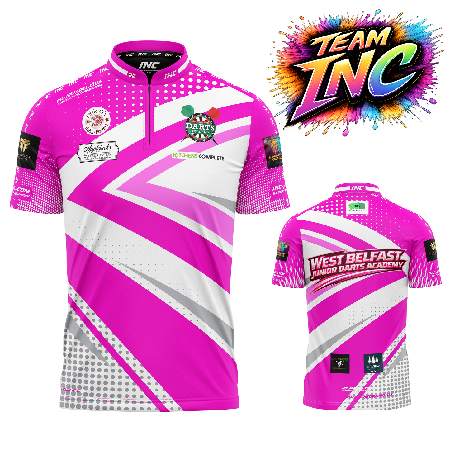 Official West Belfast Junior Academy darts shirt in pink from INC-APPAREL – combined front and back views showing club crest, academy branding, and sponsor layout.