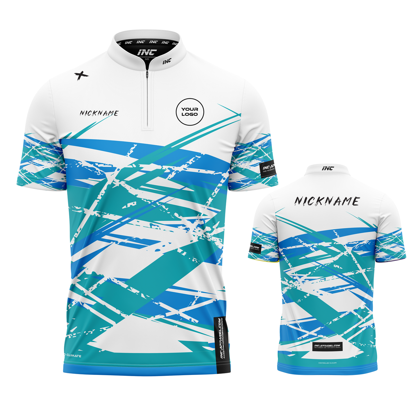 X Minerva Albus Darts Shirt from INC-APPAREL – made-to-order performance darts shirt with breathable fabric, PRO1 collar, and sleek white design.
