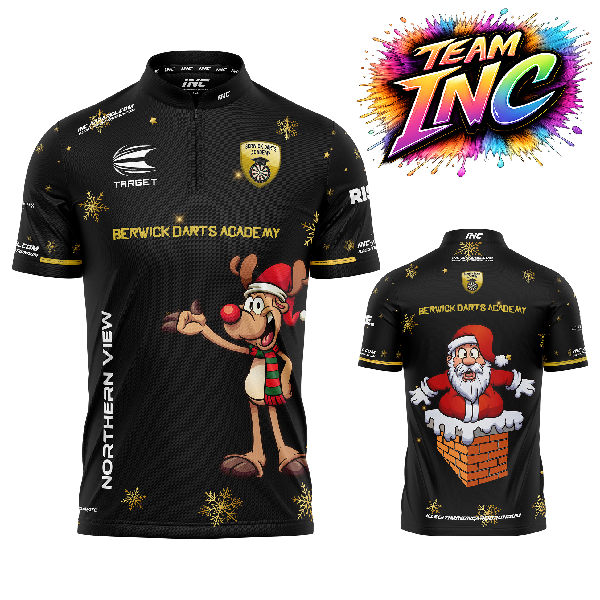 Combined front and back view of the Berwick Darts Academy Christmas Collar Darts Shirt from INC-APPAREL
