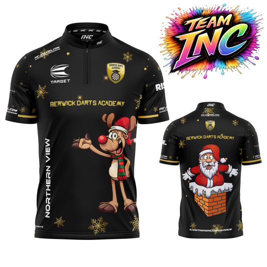 Combined front and back view of the Berwick Darts Academy Christmas Collar Darts Shirt from INC-APPAREL