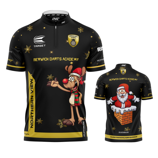 Combined front and back view of the Berwick Darts Academy Christmas PRO1 Collar Darts Shirt from INC-APPAREL