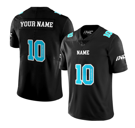 Shop the INC-APPAREL Imperium American Football Shirt in Black and Blue. Personalise with your name and number. Perfect for supporters, casual wear, gym wear, and American football fans.