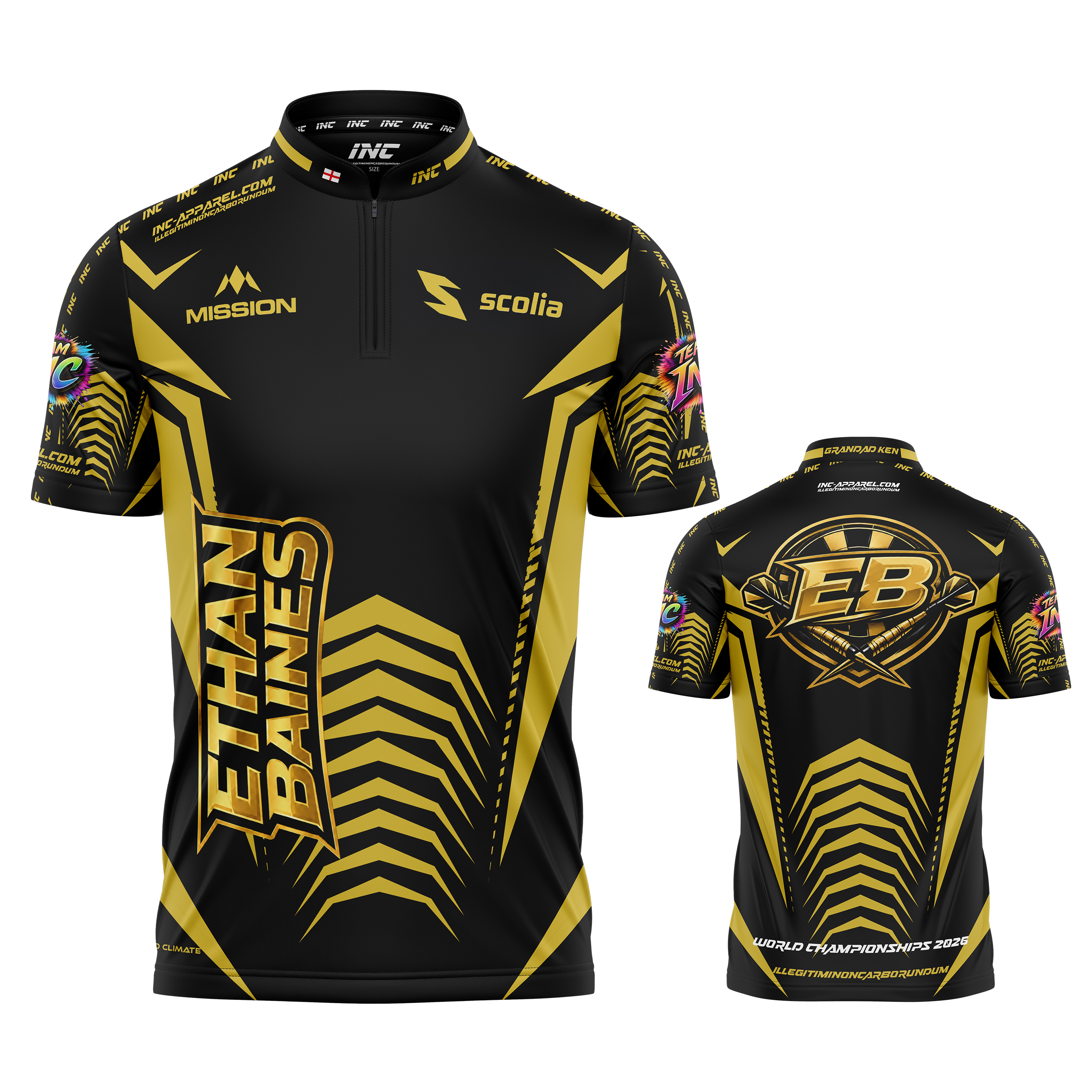 Official Ethan Baines gold black darts shirt front view professional dart shirt