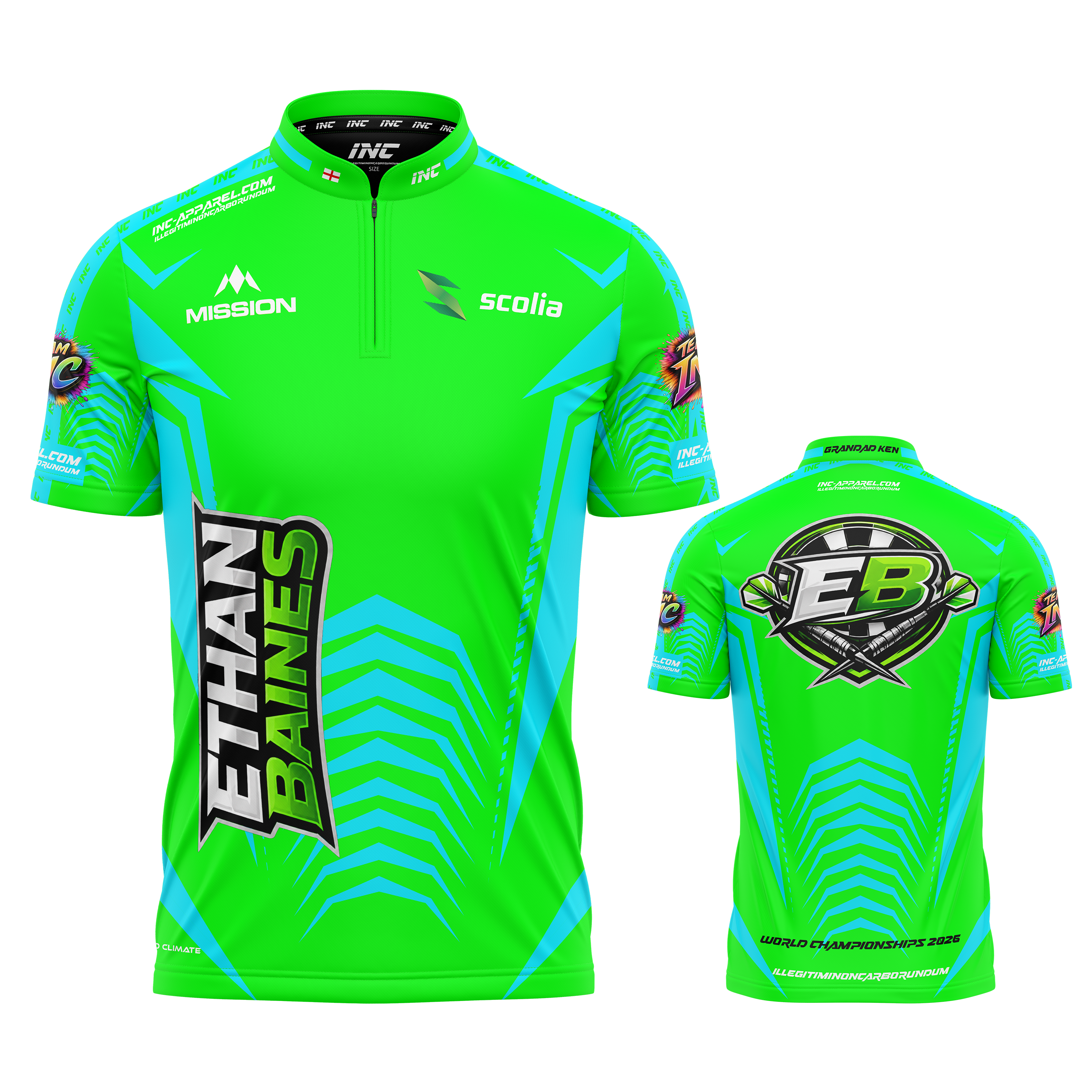 Official Ethan Baines neon green neon blue darts shirt