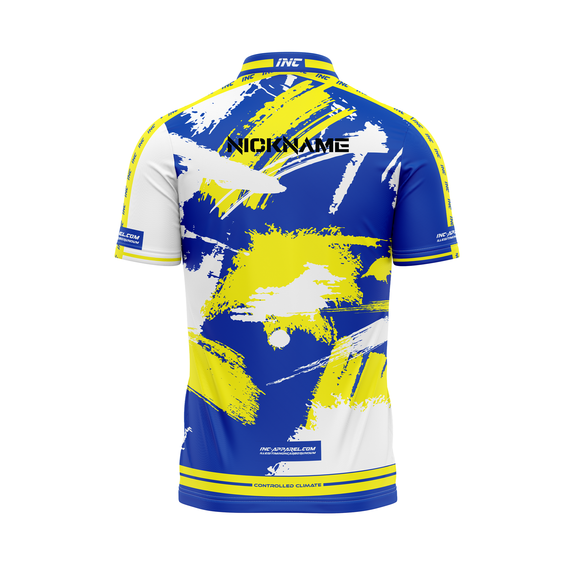 Rogue Caelus PRO1 Darts Shirt – Back View in White, Yellow & Blue | INC-APPAREL