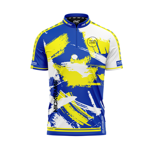 Rogue Caelus PRO1 Darts Shirt – Front View in White, Yellow & Blue | INC-APPAREL