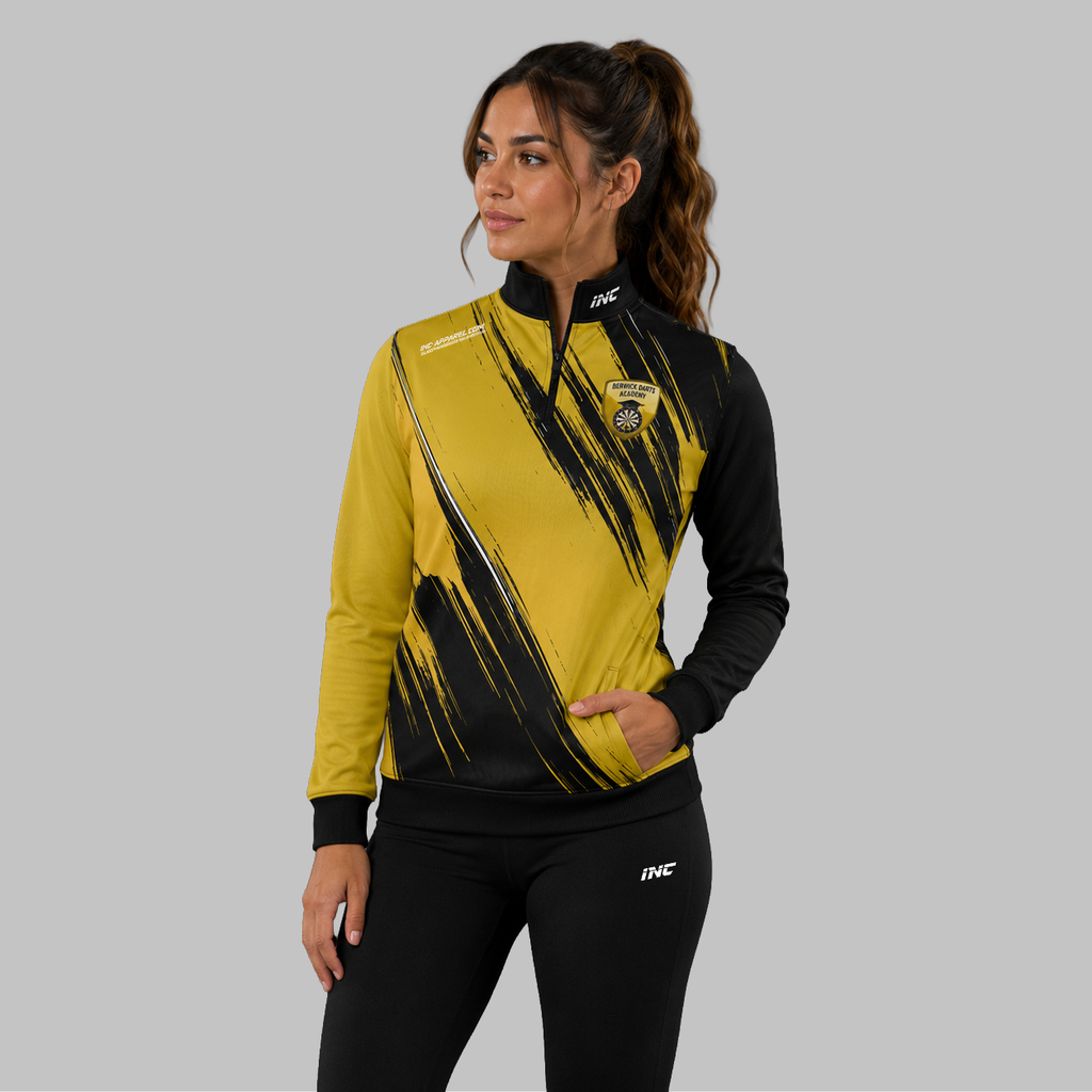 Front view of the unisex Official Berwick Darts Academy Quarter Zip Midlayer, highlighting the athletic pullover design, stand-up collar, and official branding.