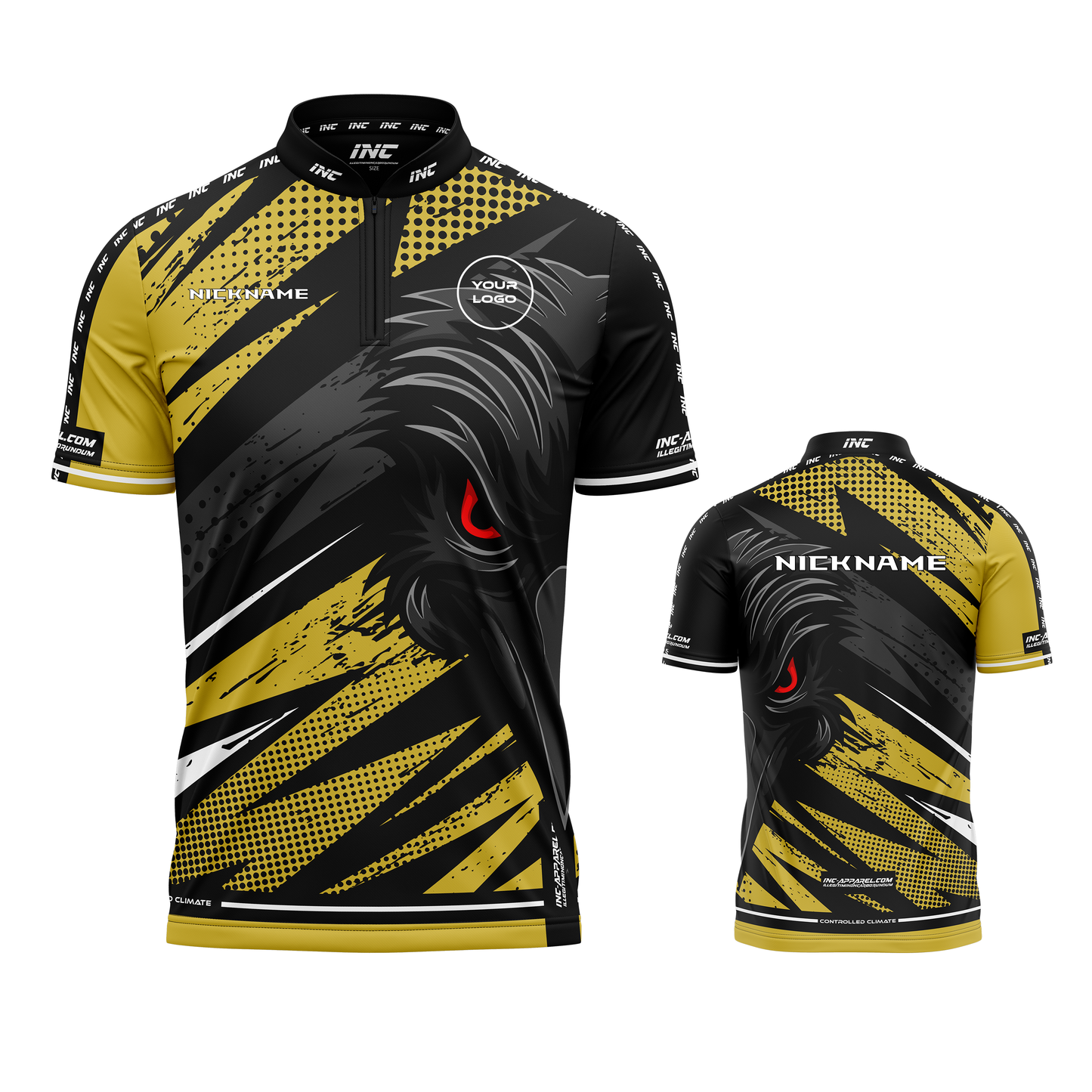 Acies Falco Black and Gold Darts Shirt from INC-APPAREL – made-to-order performance darts shirt with breathable fabric and professional gold design.