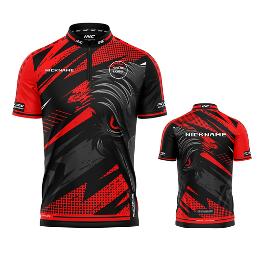 Acies Falco Black and Red Darts Shirt from INC-APPAREL – made-to-order performance darts shirt with breathable fabric and bold professional design.