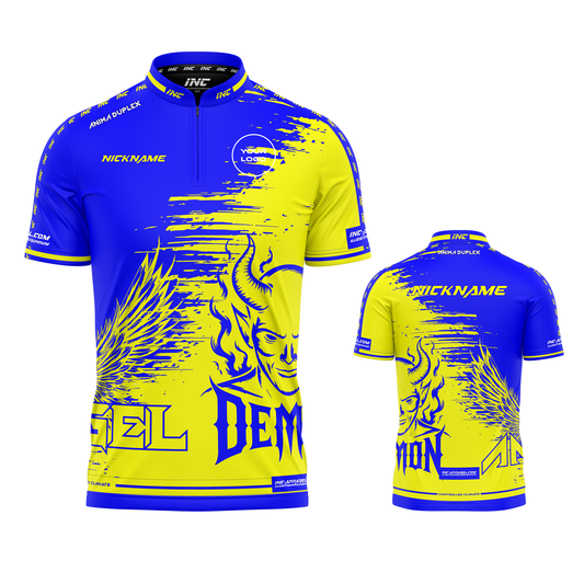Anima Duplex Blue and Yellow PRO1 Collar Darts Shirt – custom professional darts teamwear from INC-KITS