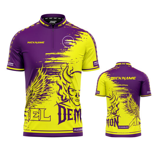 Anima Duplex Purple and Yellow PRO1 Collar Darts Shirt – custom professional darts teamwear from INC-KITS