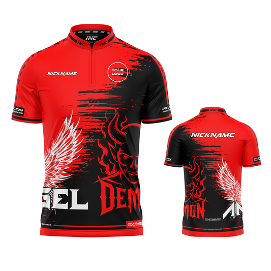 Anima Duplex Reds and Black PRO1 Collar Darts Shirt – custom professional darts teamwear from INC-KITS
