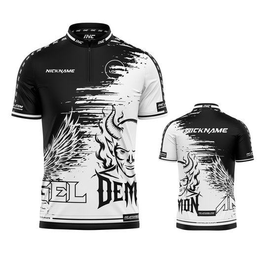 Anima Duplex White and Black PRO1 Collar Darts Shirt – custom professional darts teamwear from INC-KITS