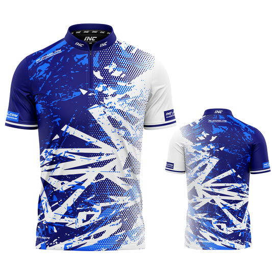 Bicolor white and blue personalised darts team shirt made to order with performance fabric and professional fit from INC-APPAREL