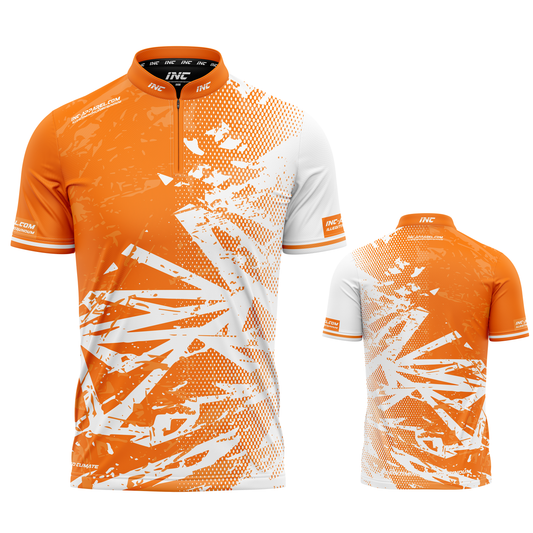 Bicolor white and orange personalised darts team shirt made to order with performance fabric and professional fit from INC-APPAREL