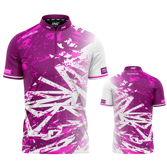 Bicolor white and pink personalised darts team shirt made to order with performance fabric and professional fit from INC-APPAREL