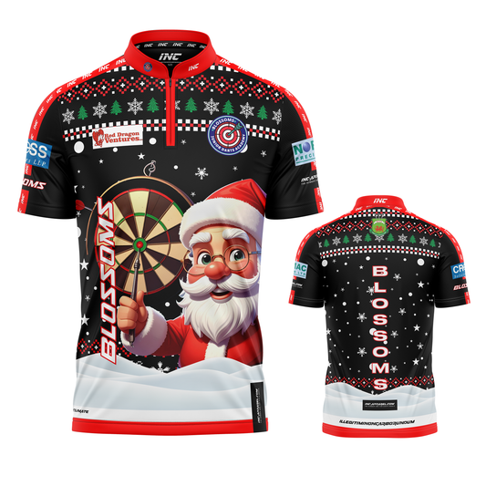 Combined front and back view of the Blossoms Junior Darts Academy Christmas Pro1 Shirt from INC-APPAREL