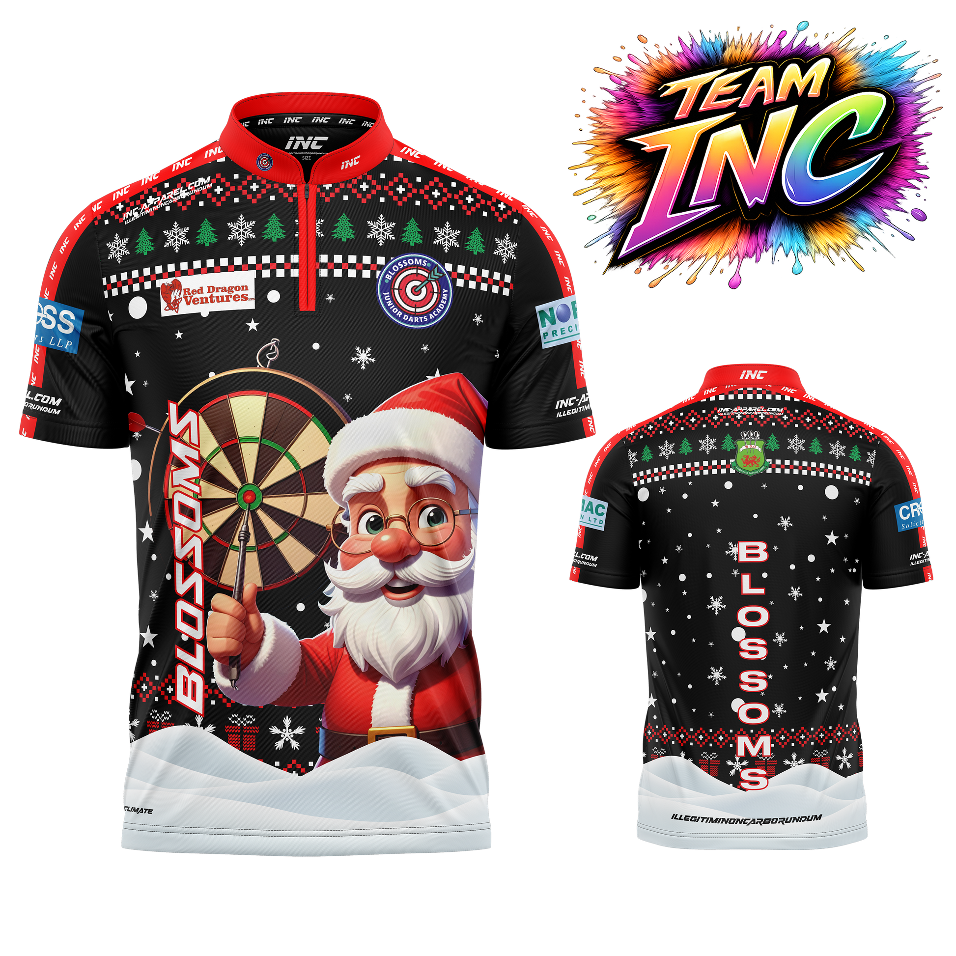 Combined front and back view of the Blossoms Junior Darts Academy Christmas Shirt from INC-APPAREL