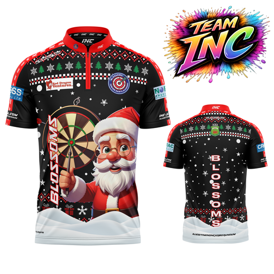 Combined front and back view of the Blossoms Junior Darts Academy Christmas Shirt from INC-APPAREL