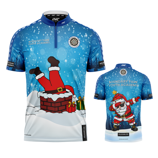 Combined front and back view of the Official Boundary Park Youth Darts Academy Christmas Shirt from INC-APPAREL