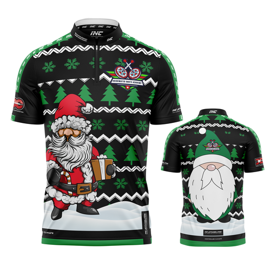 Combined front and back view of the Official Bridgwater JDC Darts Academy Christmas PRO1 Shirt from INC-APPAREL