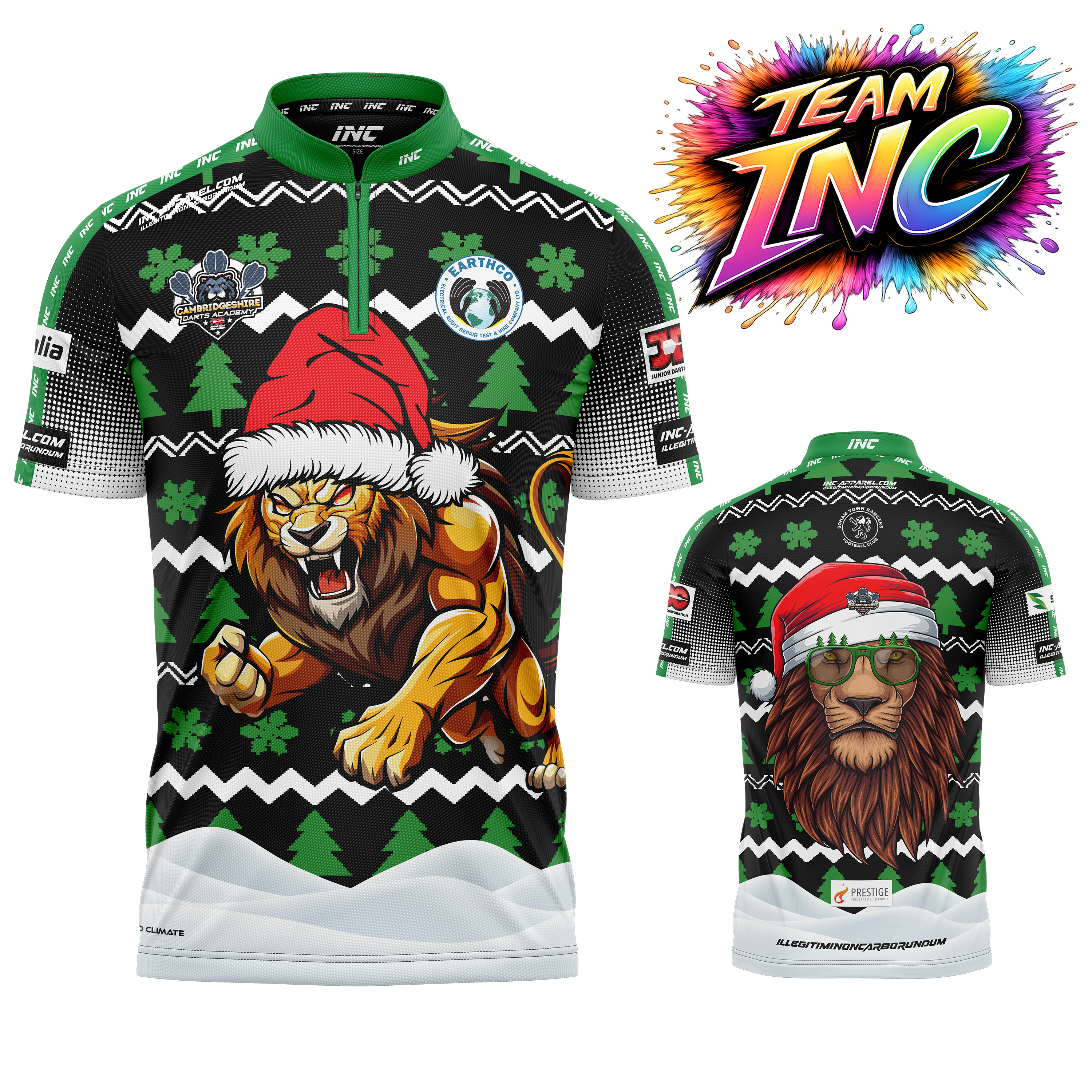Combined front and back view of the Official Cambridgeshire Darts Academy Christmas Pro1 Darts Shirt from INC-APPAREL