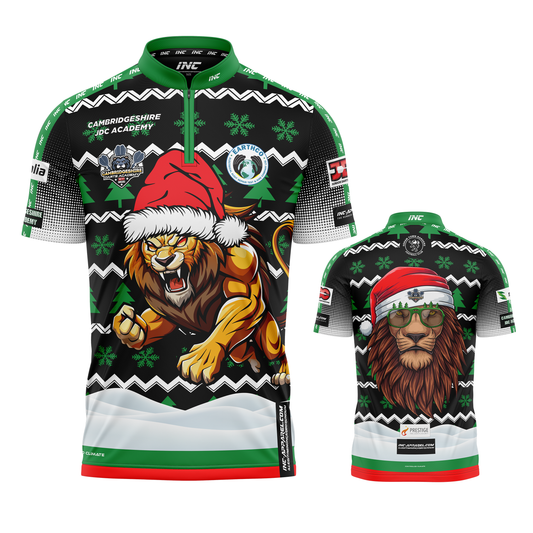 Combined front and back view of the Official Cambridgeshire Darts Academy Christmas Pro1 Darts Shirt from INC-APPAREL