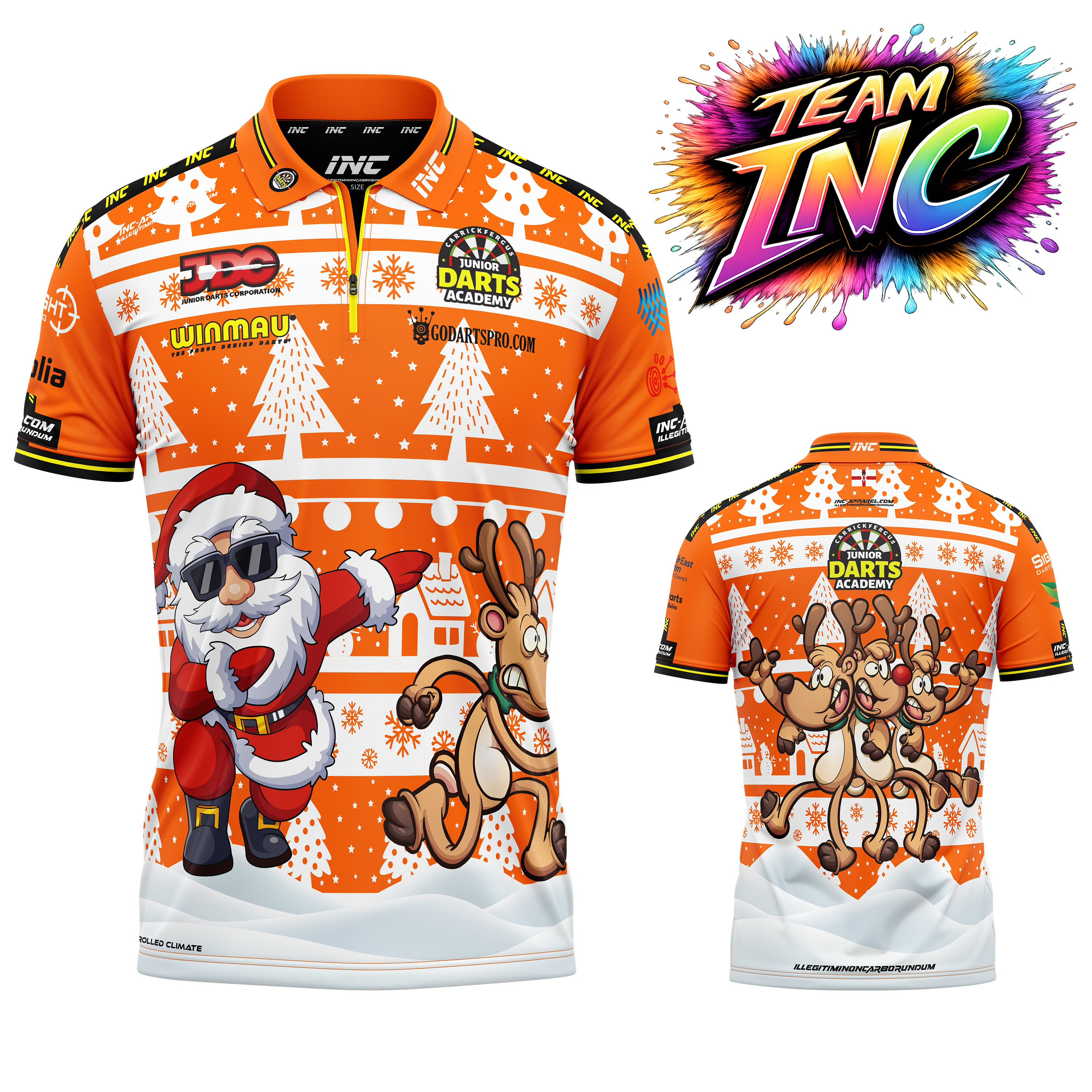 Combined front and back view of the Carrickfergus Junior Darts Academy Christmas Zip Polo Darts Shirt from INC-APPAREL