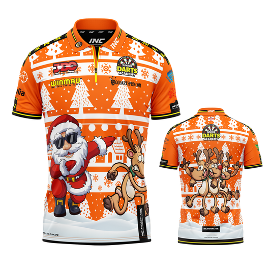 Combined front and back view of the Carrickfergus Junior Darts Academy Christmas Zip Polo Darts Shirt from INC-APPAREL