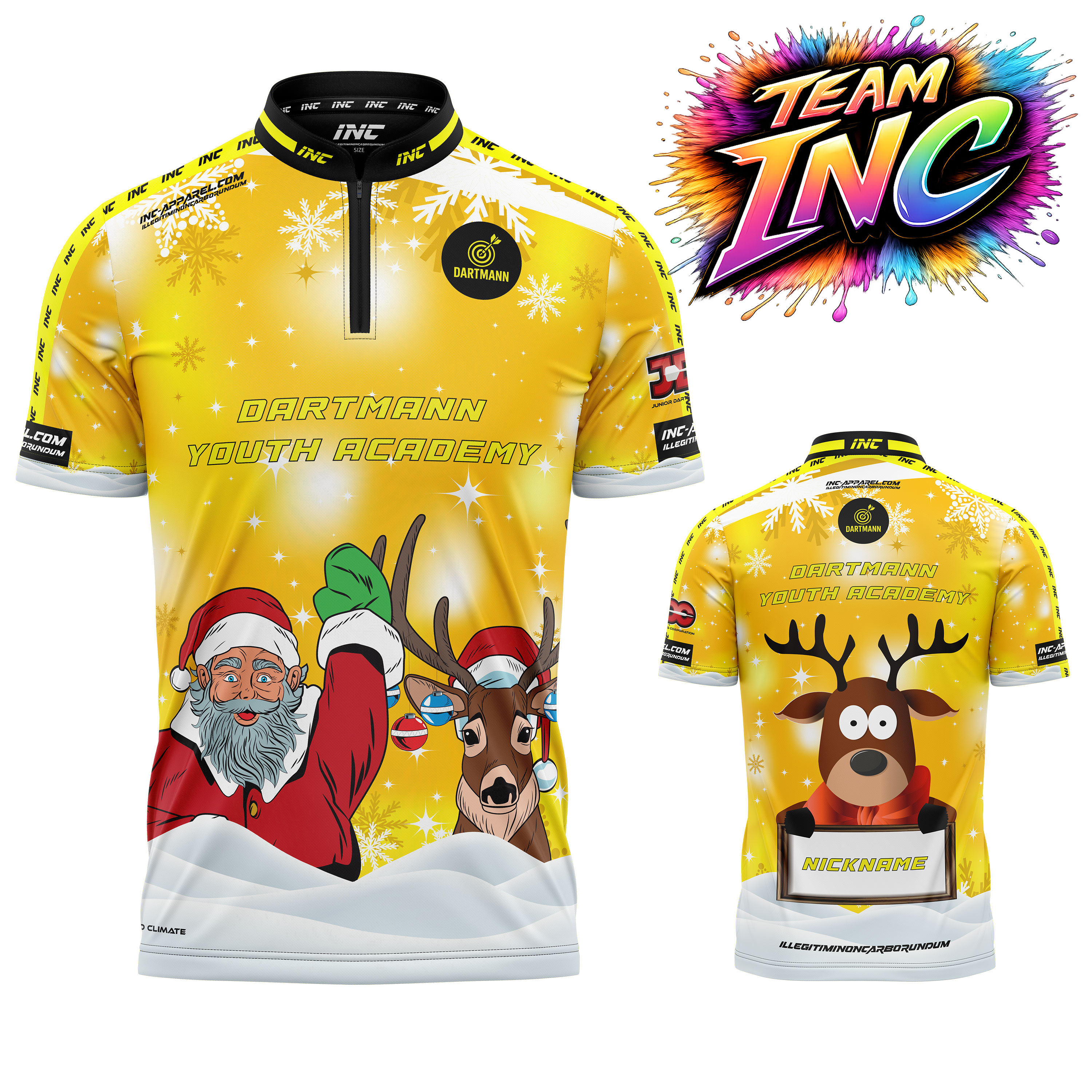 Combined front and back view of the Official Dartmann Youth Academy Christmas Darts Shirt, festive edition from INC-APPAREL