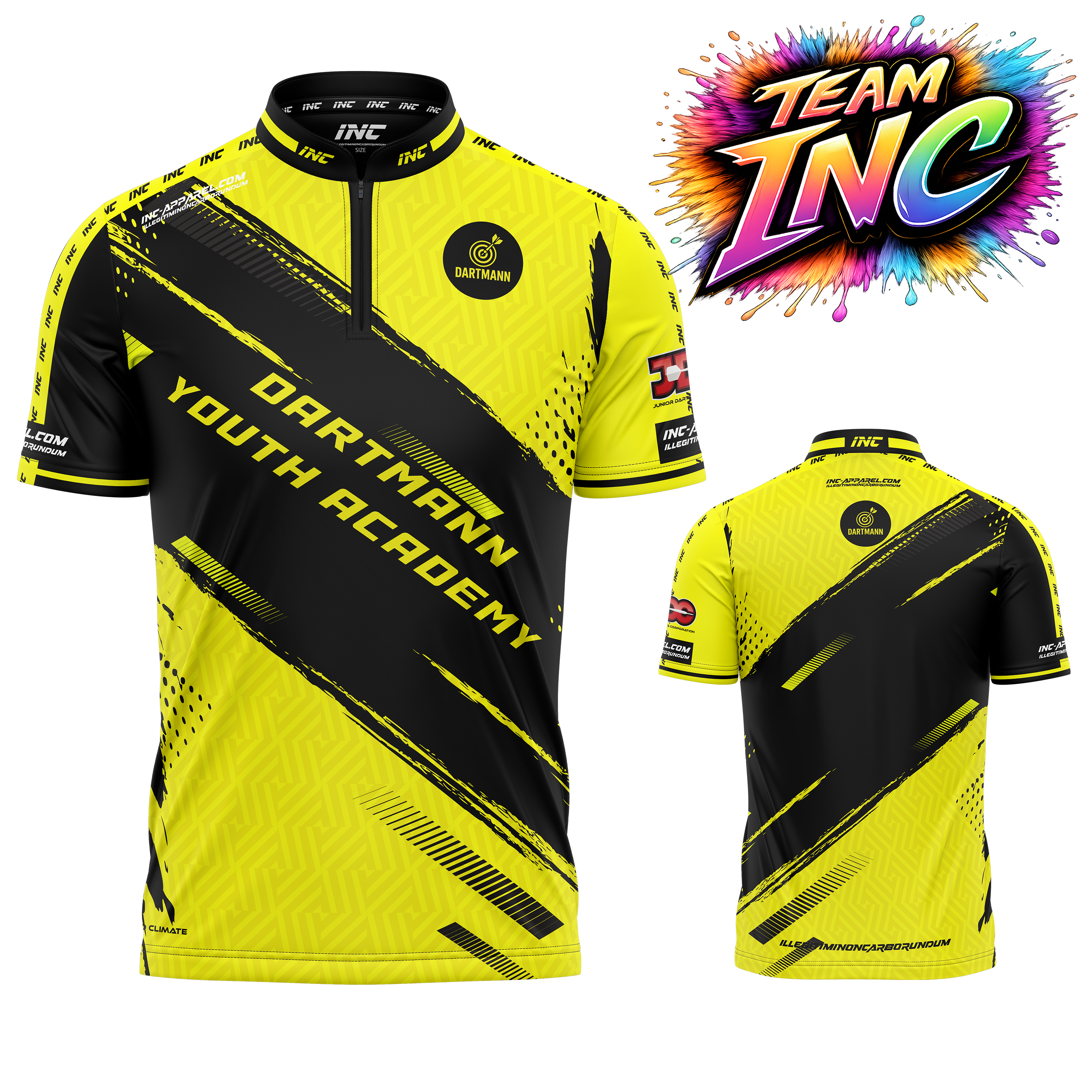 Combined front and back view of the Official Dartmann Youth Academy Darts Shirt from INC-APPAREL