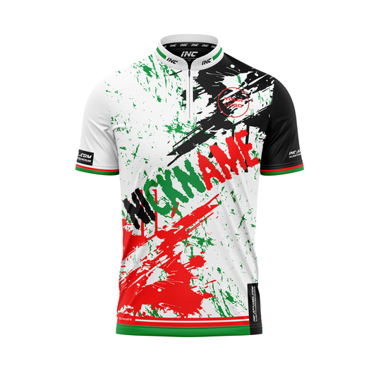 Front view of the DWO Fulgur Pro1 darts shirt – white and black with dartboard colours | INC-APPAREL