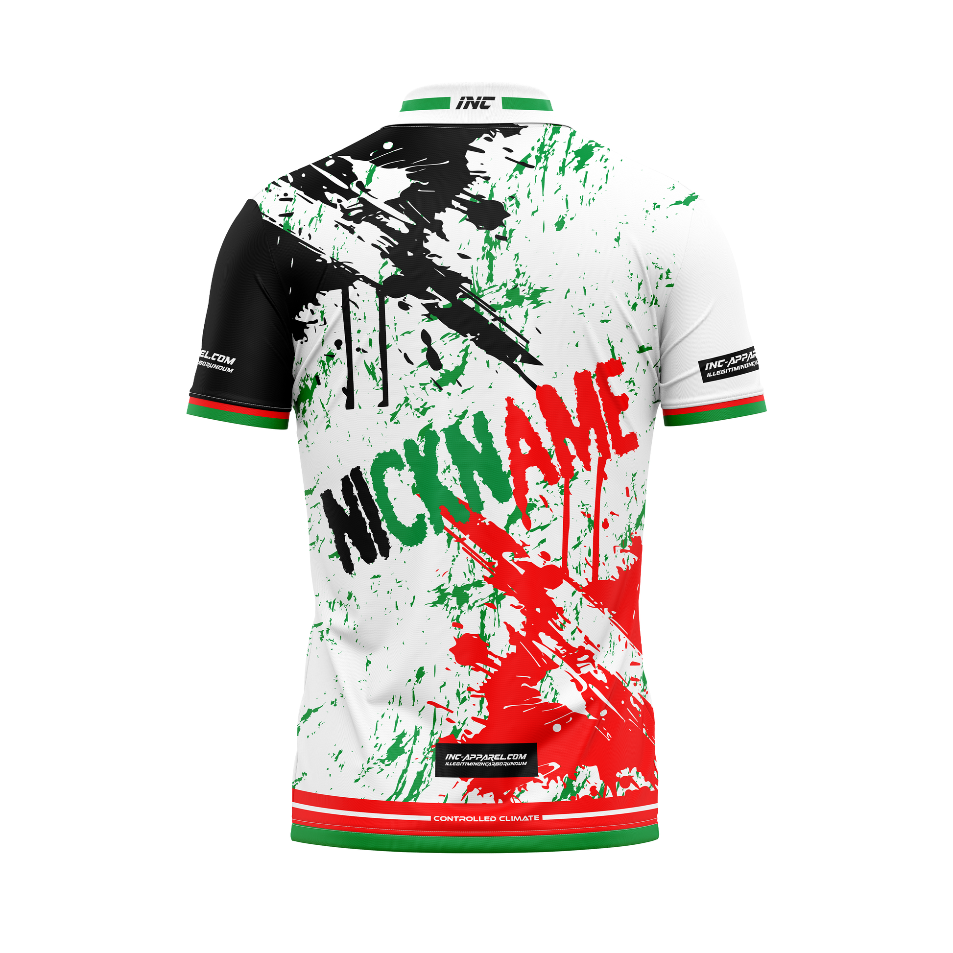 Back view of the DWO Fulgur Zip Polo darts shirt showcasing energetic faction design in dartboard colours | INC-APPAREL
