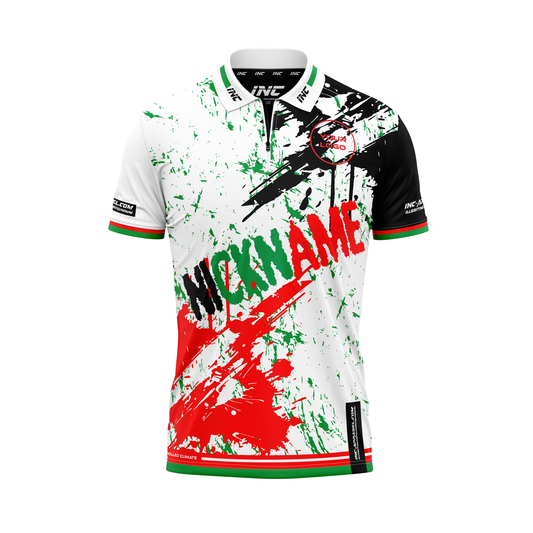 Front view of the DWO Fulgur Zip Polo darts shirt – lightning-inspired with dartboard colours | INC-APPAREL