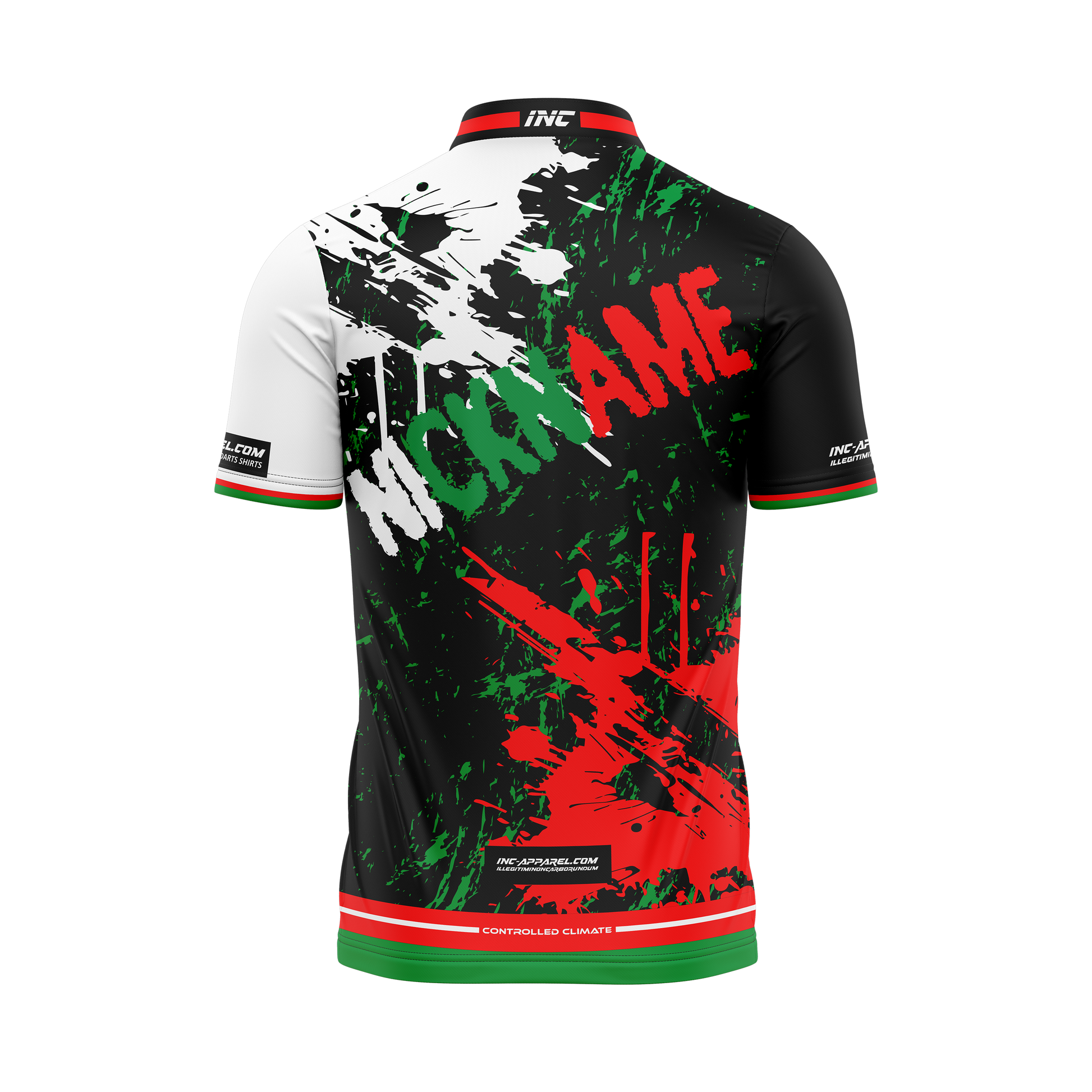 Back view of the DWO Tenebrae Pro1 darts shirt showcasing full faction design in dartboard colours | INC-APPAREL
