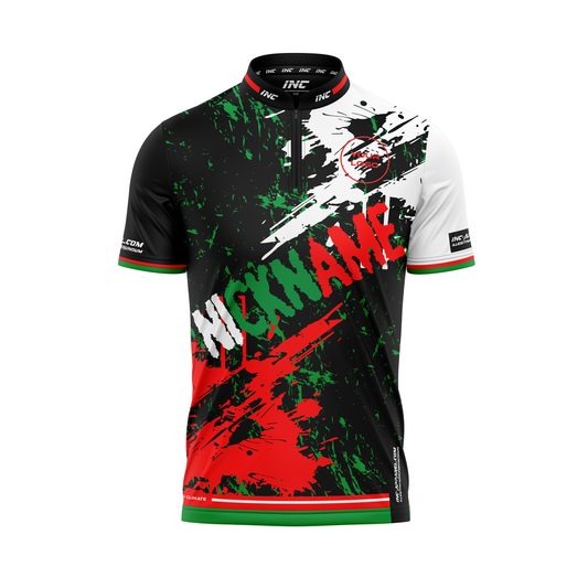 Front view of the DWO Tenebrae Pro1 darts shirt – black base with dartboard colours | INC-APPAREL